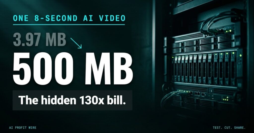 3.97MB AI video output versus 500MB backend footprint, the hidden 130x storage bill, The AI Profit Wire, Executive Data-Noir design.
