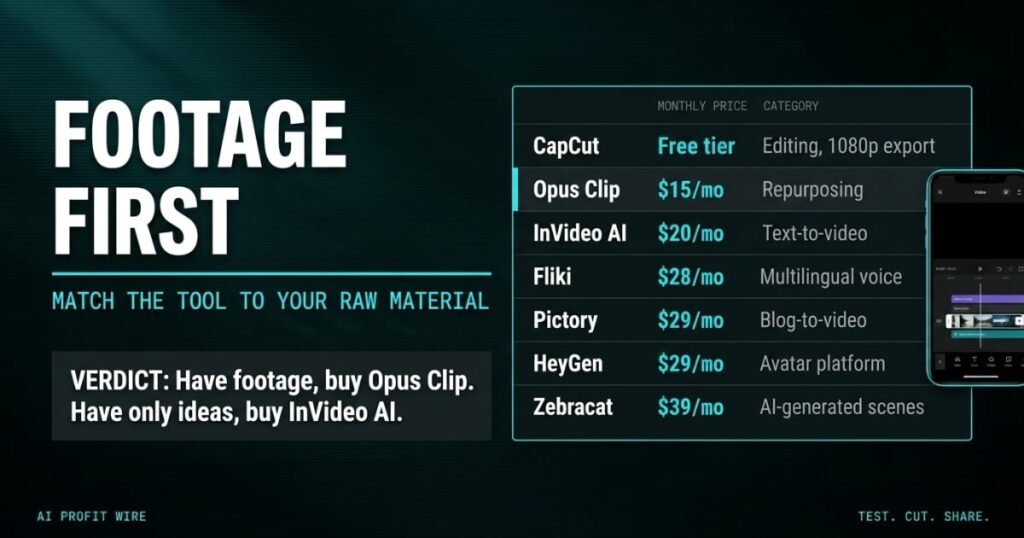 FOOTAGE FIRST featured image from The AI Profit Wire, price ledger of 7 AI video tools from free CapCut to $39/mo Zebracat with Opus Clip at $15/mo marked as winner, Executive Data-Noir design.