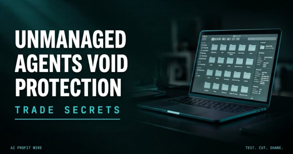 UNMANAGED AGENTS VOID PROTECTION headline over a low-contrast photograph of an open laptop showing a grid of client file folders, Data-Noir featured card from The AI Profit Wire.