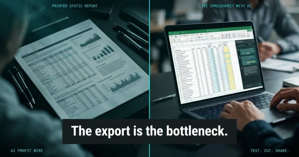 BigQuery in Google Sheets comparison card: a fading static export report against a live Gemini side panel query on a laptop, The AI Profit Wire Data-Noir design.