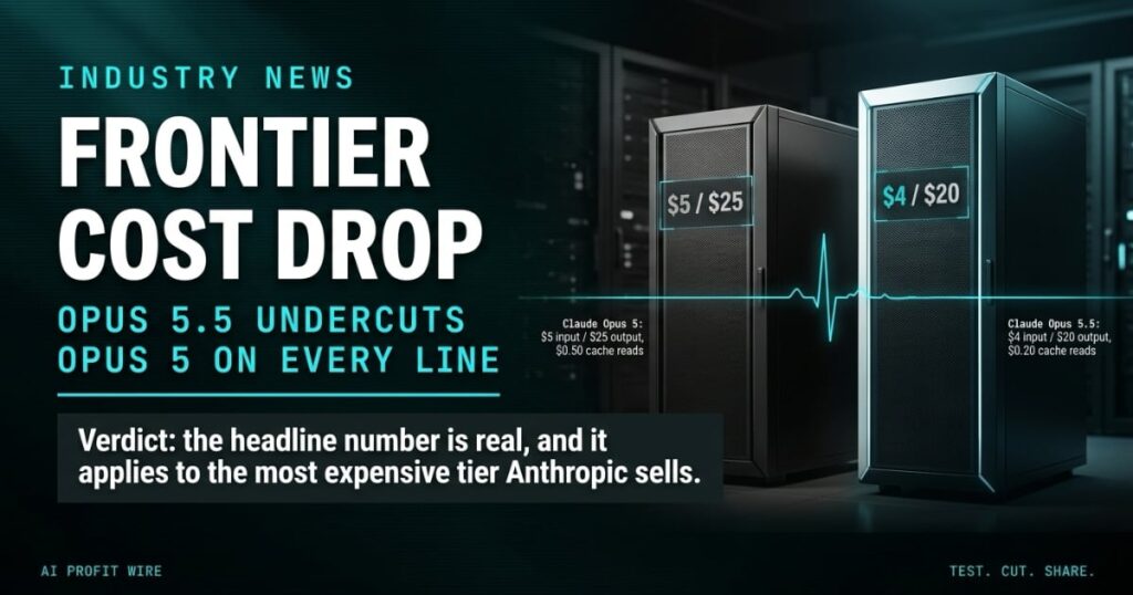 FRONTIER COST DROP industry news signal card from The AI Profit Wire, Opus 5.5 cache reads falling from $0.50 to $0.20, Executive Data-Noir design.