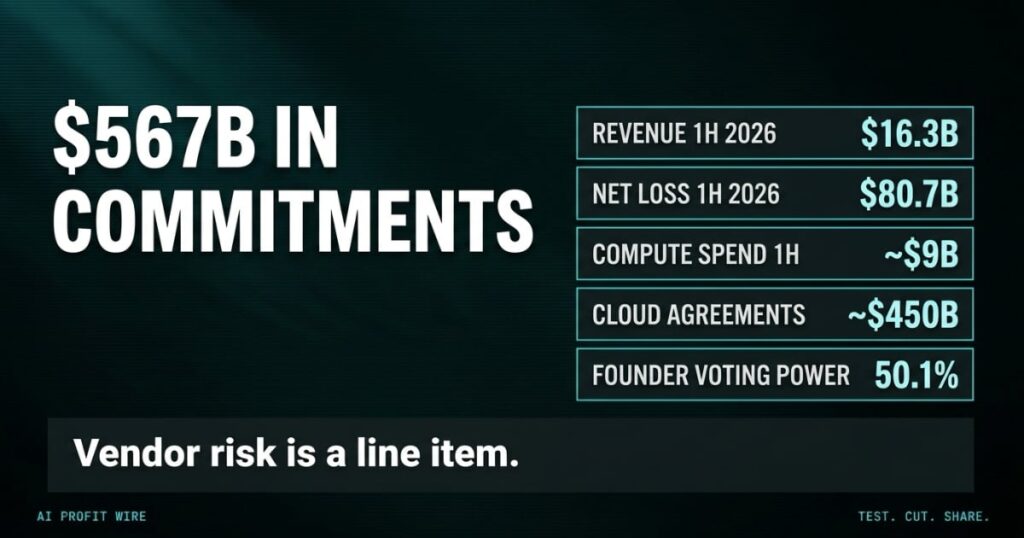 Anthropic IPO featured data ledger header from The AI Profit Wire, $567B in commitments headline over S-1 financial rows, Executive Data-Noir design.
