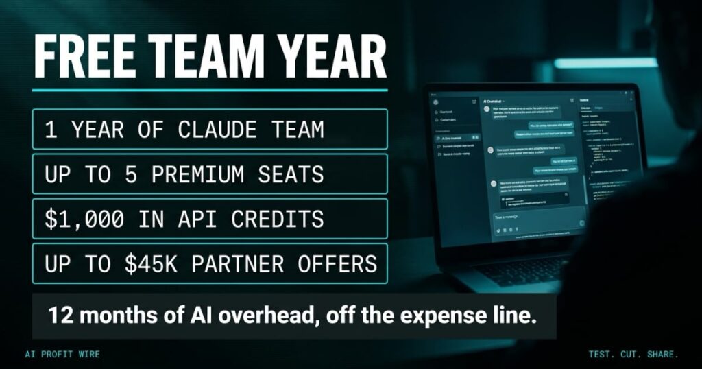Claude for Startups featured header from The AI Profit Wire, free team year ledger beside a photographed chat interface on a laptop, Executive Data-Noir design.