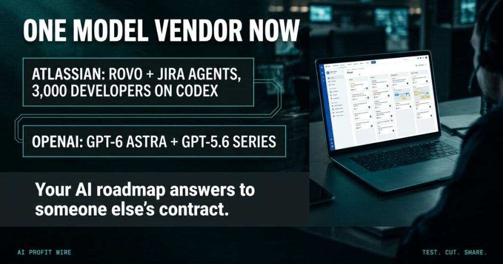 Atlassian OpenAI partnership featured header from The AI Profit Wire, entity panels joined by a Wire trace beside a photographed Jira board on a laptop, Executive Data-Noir design.