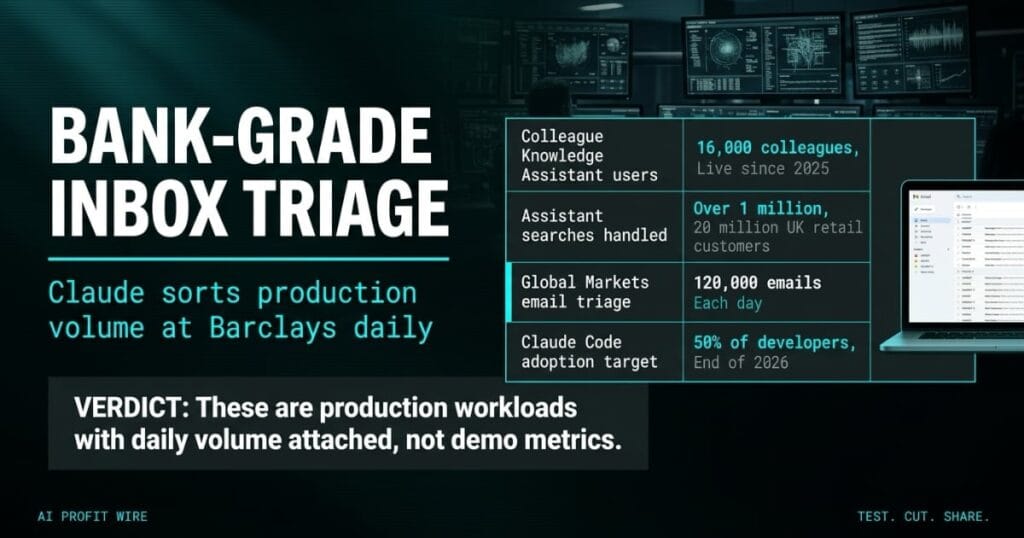 BANK-GRADE INBOX TRIAGE industry news signal header from The AI Profit Wire, a 4-row ledger of Claude deployment figures at Barclays led by 120,000 emails a day, Data-Noir design.