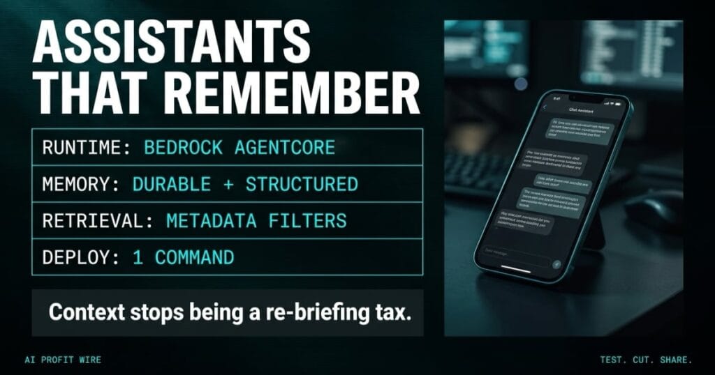 AWS AgentCore assistant featured header from The AI Profit Wire, memory ledger table beside a photographed phone running a chat assistant, Executive Data-Noir design.