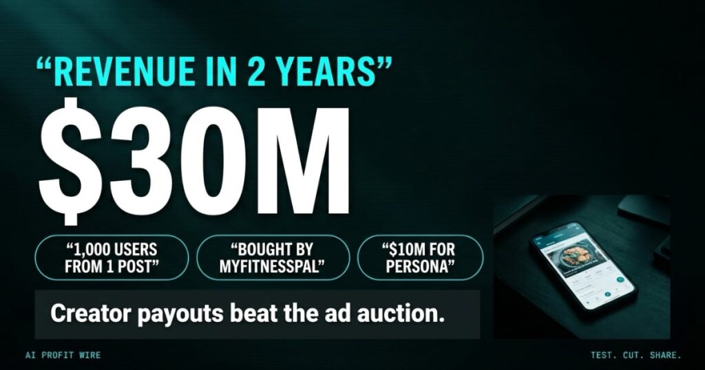Data-Noir hero stat featured image from The AI Profit Wire with $30M as the hero number and proof pills for the creator payouts behind the Cal AI sale.