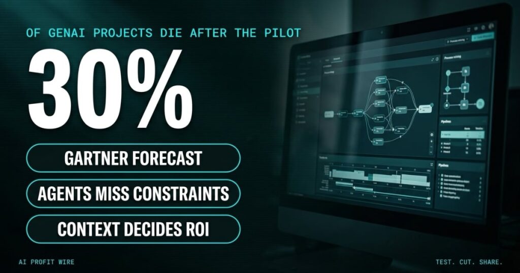 Gartner forecast stat card: 30 percent of GenAI projects die after proof of concept, The AI Profit Wire, Executive Data-Noir design.