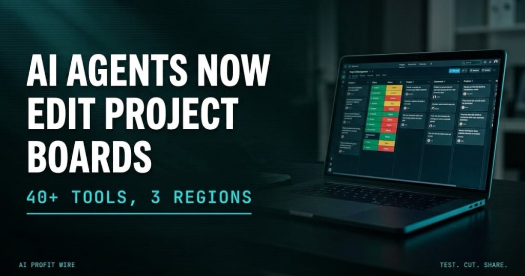 AI Profit Wire featured card reading AI Agents Now Edit Project Boards, with a laptop photograph showing a live project grid behind the type on a teal-black Data-Noir ground.