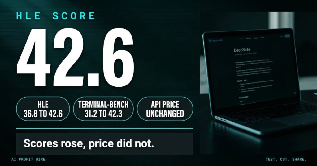 DeepSeek V4.1-Flash-1017 hero stat card showing the HLE score 42.6 with proof pills for Terminal-Bench and unchanged API pricing, The AI Profit Wire Data-Noir design.