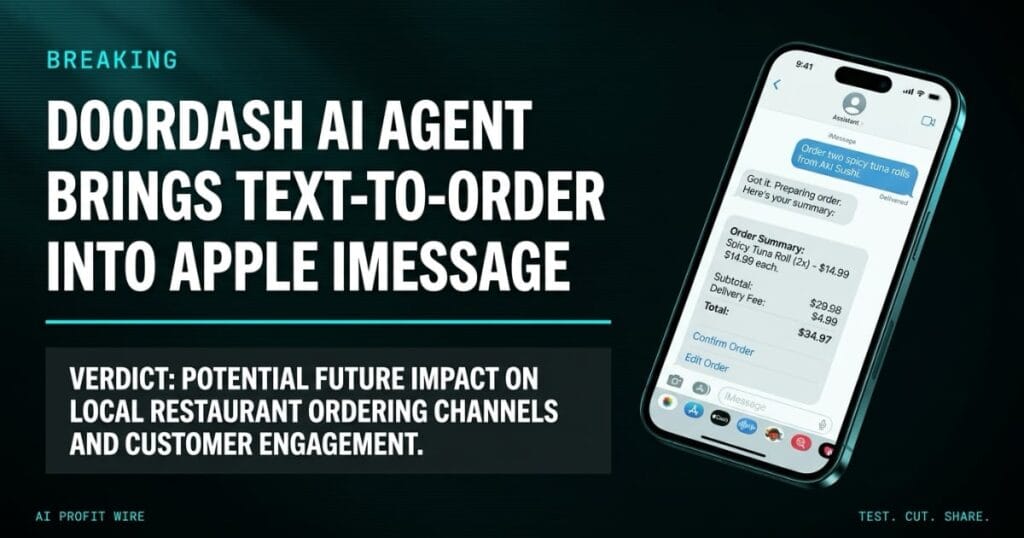 DOORDASH AI TEXT-TO-ORDER breaking signal card from The AI Profit Wire, iPhone showing an iMessage AI food-ordering chat, Executive Data-Noir design.