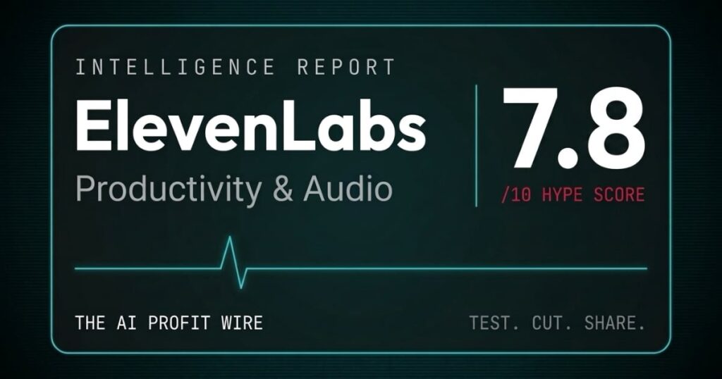 Hype Check score card for ElevenLabs, rated 7.8 out of 10 for Productivity & Audio on The AI Profit Wire