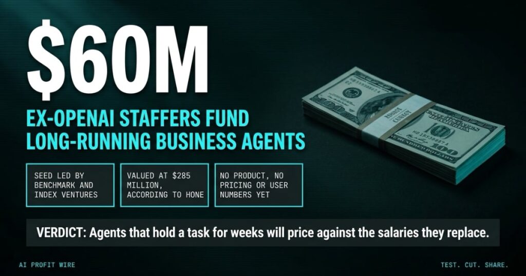 AGENT PAYROLL BET funding featured header from The AI Profit Wire, $60M seed for Hone AI agents led by Benchmark and Index at a $285 million valuation, Data-Noir design.