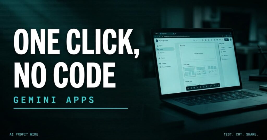 Gemini app to Google Sites export single statement card reading One Click, No Code, on a teal-black Data-Noir ground from The AI Profit Wire.