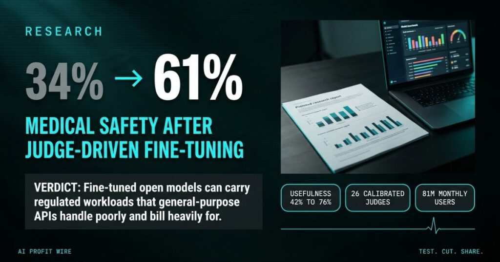 SAFETY JUMPED 27 POINTS research signal card from The AI Profit Wire, medical safety rising from 34% to 61% after judge-driven fine-tuning, Executive Data-Noir design.