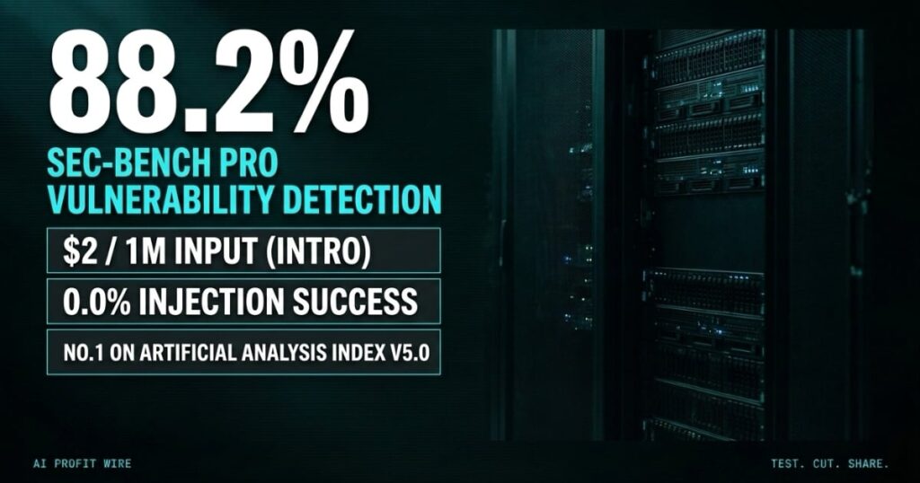 Gemini 4 Carbon featured header with 88.2 percent SEC-bench Pro detection score and pricing proof rows, from The AI Profit Wire.