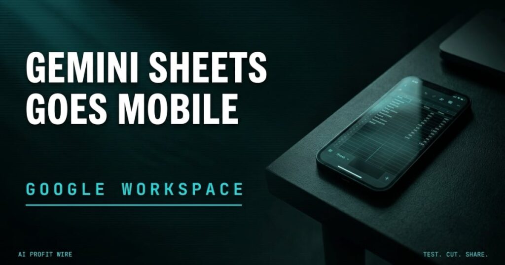 Gemini in Google Sheets on iPhone single statement card reading Gemini Sheets Goes Mobile, The AI Profit Wire Data-Noir design.