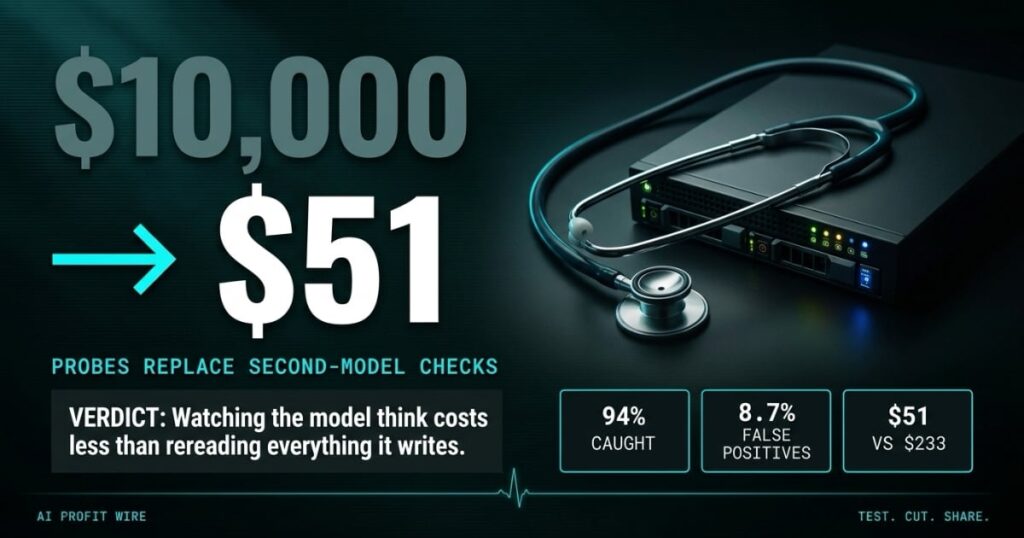 VERIFICATION REPRICE featured header from The AI Profit Wire, AI agent monitoring cost dropping from $10,000 to $51 per 1,500 sessions with a stethoscope-on-server hero shot, Data-Noir design.