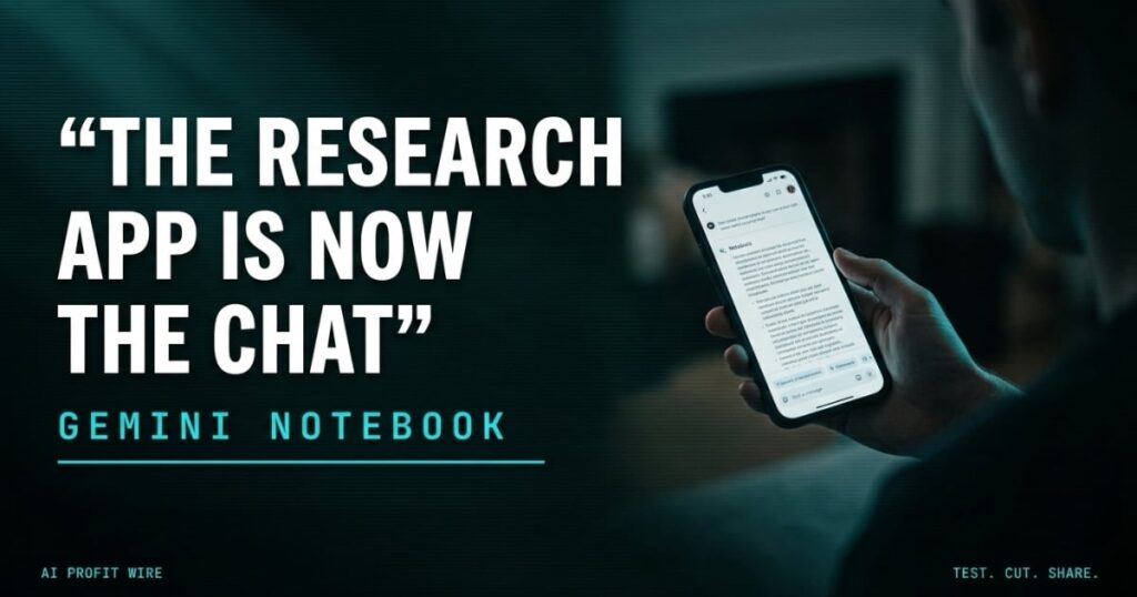 THE RESEARCH APP IS NOW THE CHAT headline beside a low-contrast photograph of a phone showing a Gemini notebook chat, Data-Noir featured card from The AI Profit Wire.