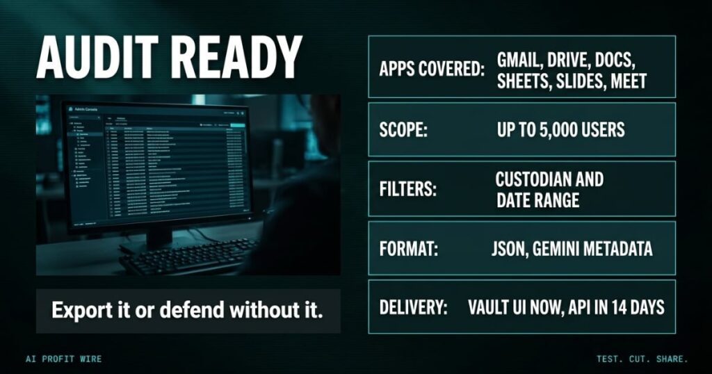 Data ledger of Google Vault Gemini export capabilities, apps scope filters format and delivery, The AI Profit Wire, Executive Data-Noir design.