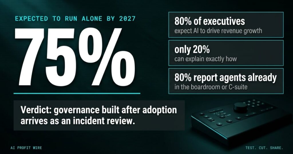 EXPECTED TO RUN ALONE BY 2027 signal card from The AI Profit Wire, 75% hero stat over three IBM EMEA research proof points, Executive Data-Noir design.