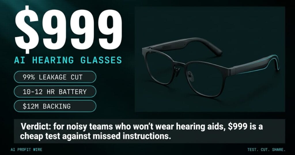 VOICES OVER NOISE breaking signal header from The AI Profit Wire, $999 AI hearing glasses product shot with 99% leakage reduction, 10-12 hour battery and $12M funding proof pills, Data-Noir design.