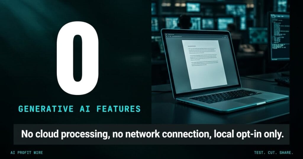 LibreOffice no AI featured header from The AI Profit Wire, a large 0 beside a photographed laptop showing a plain document, Executive Data-Noir design.