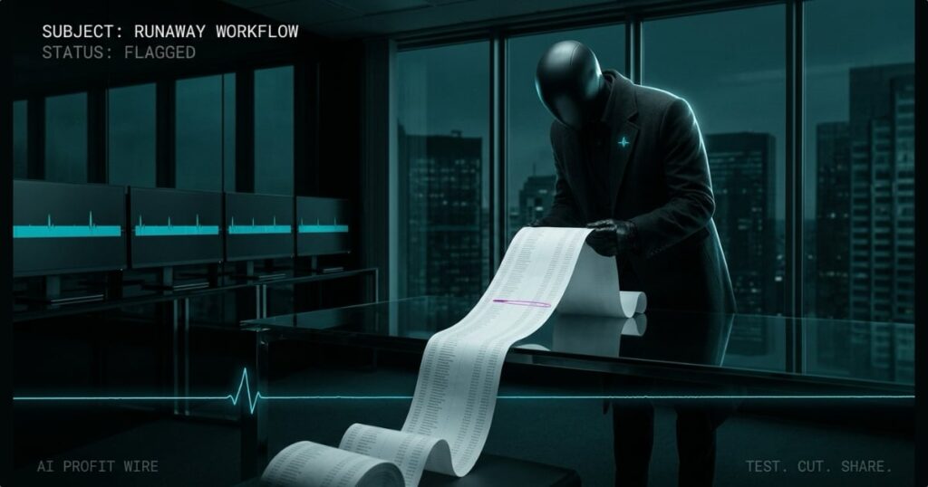 Masked figure flags 1 line on a long AI API invoice for LLM cost tracking per workflow, AI Profit Wire industry news