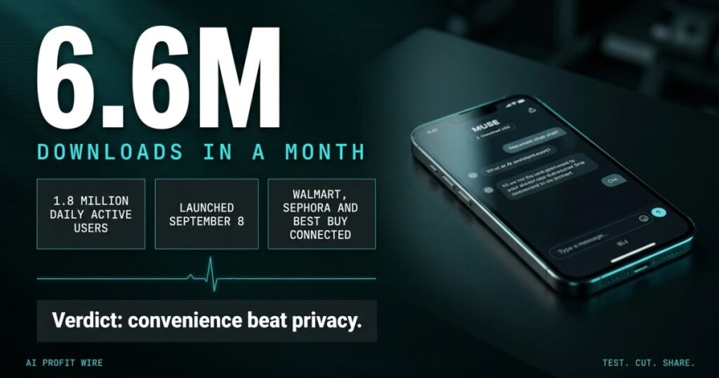 6.6 MILLION DOWNLOADS breaking signal header from The AI Profit Wire, Meta Muse AI Agent adoption metric, Executive Data-Noir design.