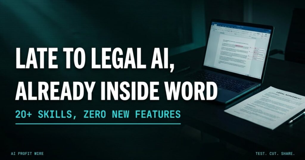 AI Profit Wire featured card reading Late To Legal AI, Already Inside Word, with a legal agreement and laptop photograph behind the type on a teal-black Data-Noir ground.