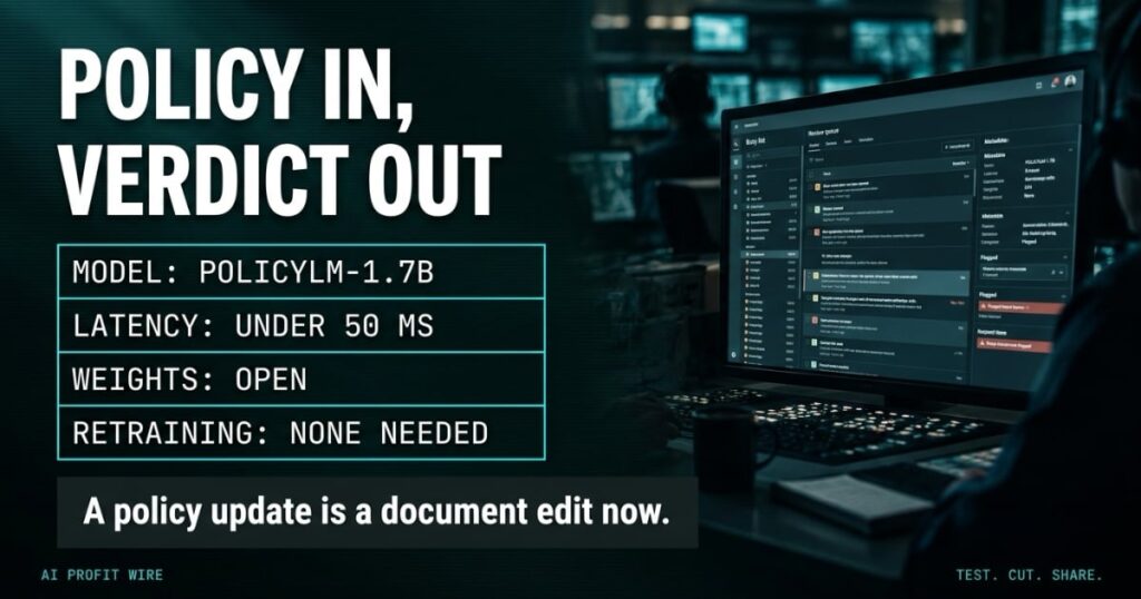 Musubi PolicyLM featured header from The AI Profit Wire, policy-to-verdict ledger beside a photographed moderation queue on a monitor, Executive Data-Noir design.