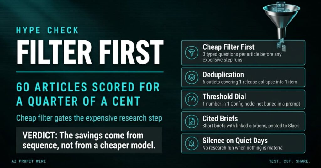 FILTER FIRST hype check featured card from The AI Profit Wire, funnel filter hero with 60 articles scored for a quarter of a cent, Executive Data-Noir design.