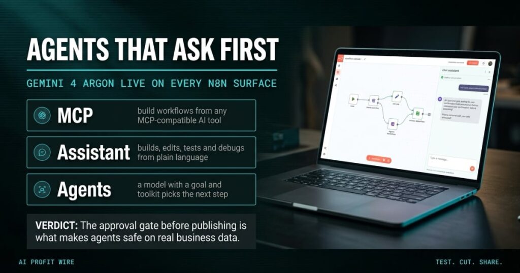 AGENTS THAT ASK FIRST breaking featured header from The AI Profit Wire, laptop showing an n8n workflow canvas with an AI assistant panel asking for approval, Executive Data-Noir design.