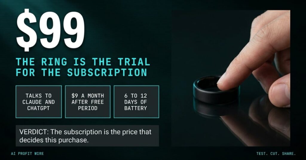 SUBSCRIPTION FIRST featured header from The AI Profit Wire, the $99 Natura Interface smart ring with its $9 monthly agent fee shown as a hero number beside the ring itself, Data-Noir design.