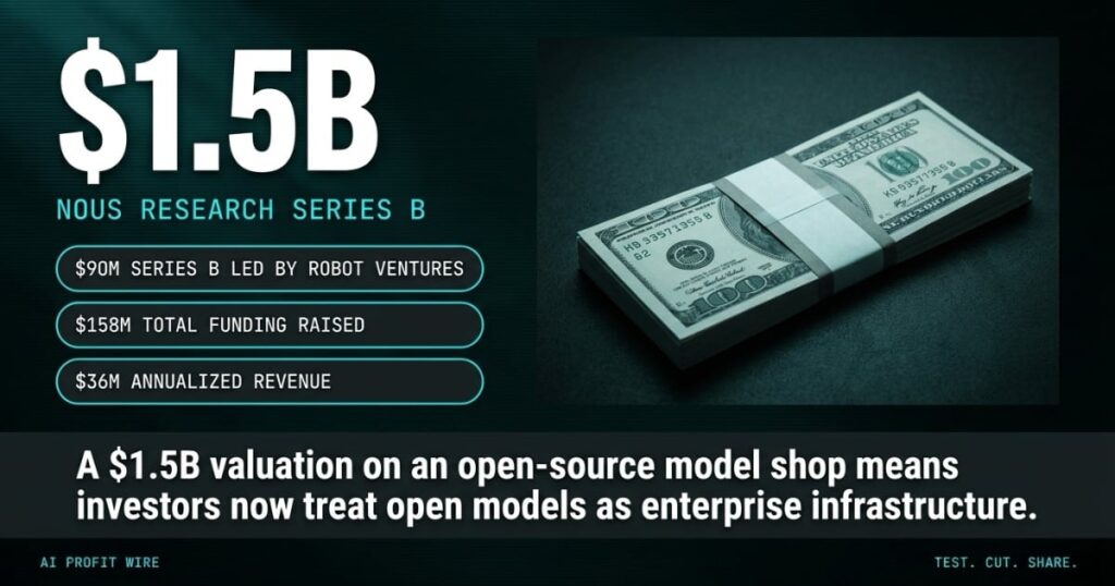 $1.5B FOR OPEN AGENTS funding signal card from The AI Profit Wire, currency stack beside $1.5B hero number, Executive Data-Noir design.