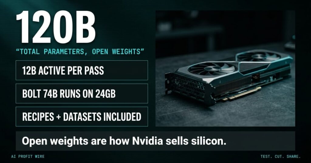 Featured hero stat image: Nvidia Nemotron 3.5 ships 120B parameters as open weights with recipes and datasets included, The AI Profit Wire Executive Data-Noir design.