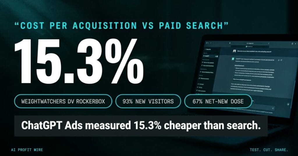 Graphic on a teal-black background showing that ChatGPT Ads measured a 15.3 percent lower cost per acquisition than paid search for WeightWatchers, with proof points from Portland Leather and Dose and the verdict that ChatGPT Ads measured 15.3 percent cheaper than search.