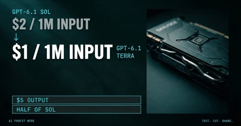 GPT-6.1 Terra at $1 per million input tokens beside GPT-6.1 Sol at $2, with $5 output, half of Sol: midrange API pricing for volume work, from The AI Profit Wire.