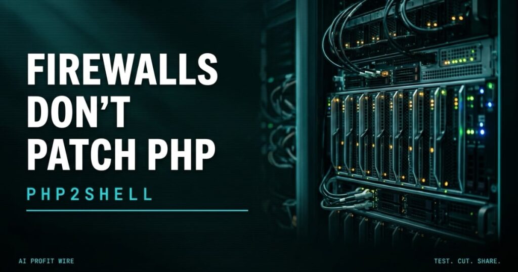 FIREWALLS DON'T PATCH PHP headline beside a low-contrast photograph of a server rack with status LEDs, Data-Noir featured card from The AI Profit Wire on the PHP2Shell vulnerabilities.