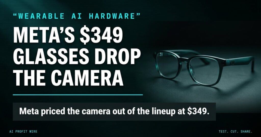 Statement card reading Meta's $349 glasses drop the camera, from The AI Profit Wire Data-Noir series.