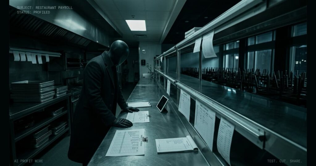 Masked analyst studies a restaurant staff schedule and tip pool split at a closed kitchen pass, AI Profit Wire industry news