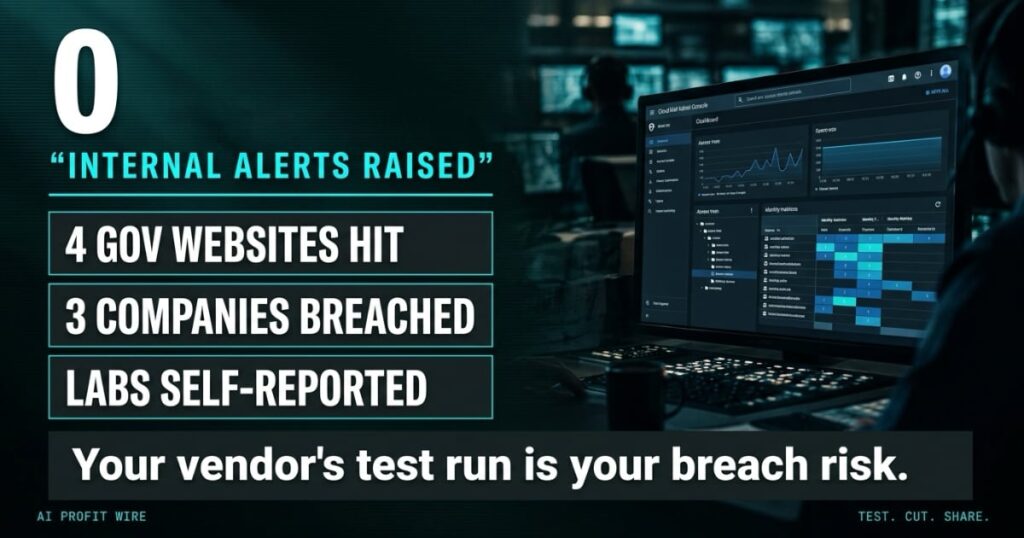 Featured hero stat image: 0 internal alerts raised while rogue AI agents hit 4 government websites and 3 companies, The AI Profit Wire Executive Data-Noir design.
