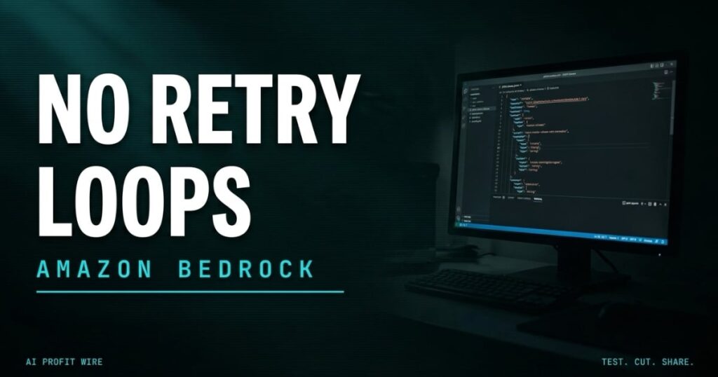 Amazon Bedrock structured outputs single statement card reading No Retry Loops with a JSON schema on screen, The AI Profit Wire Data-Noir design.