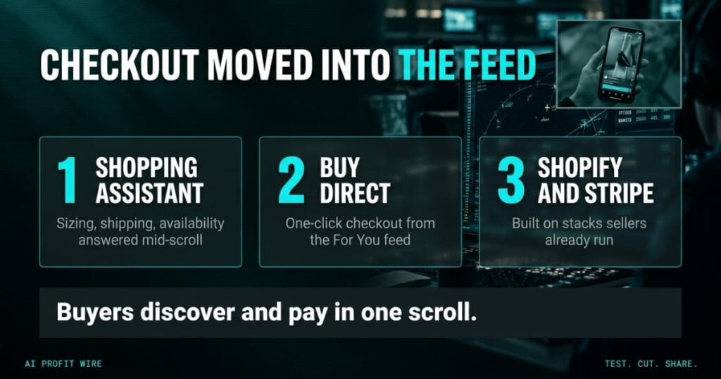 Graphic on a teal-black background listing TikTok's Shopping Assistant, Buy Direct one-click checkout, and the Shopify and Stripe integration, with the verdict that buyers discover and pay in one scroll.