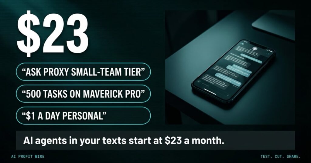 Hero stat card showing $23 a month pricing for text message AI agents, from The AI Profit Wire Data-Noir series.